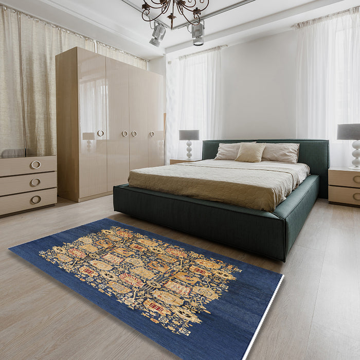 Mid-Century Modern Brown Oriental Rug in a Bedroom, urb764