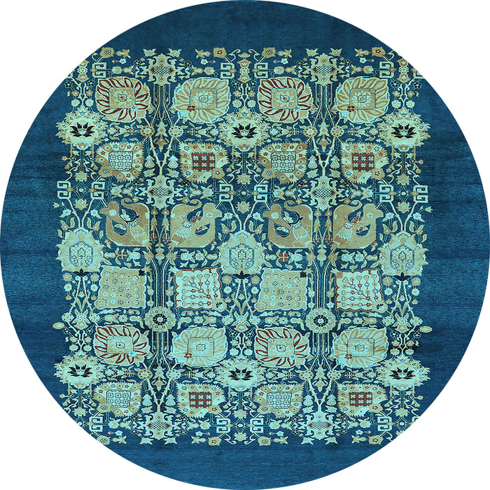 Round Machine Washable Oriental Light Blue Industrial Rug, wshurb764lblu