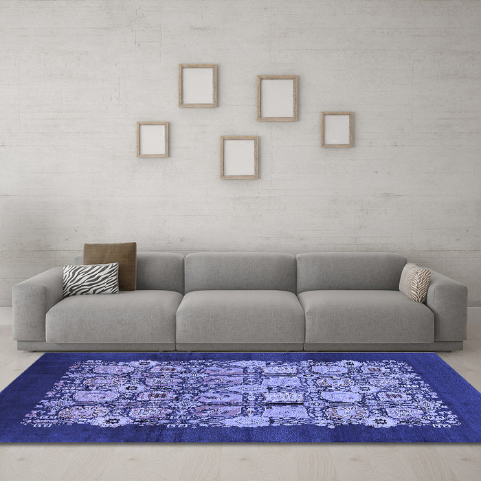 Machine Washable Oriental Blue Industrial Rug in a Living Room, wshurb764blu