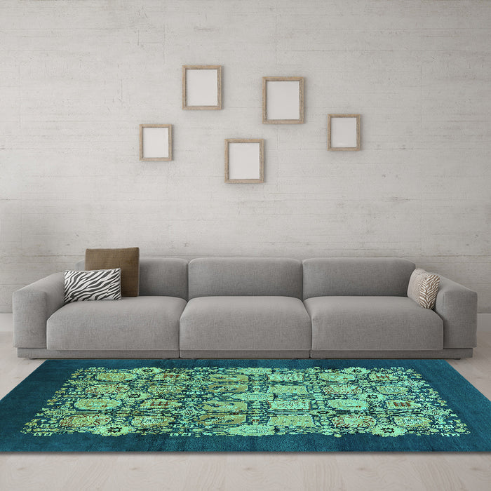 Machine Washable Oriental Turquoise Industrial Area Rugs in a Living Room,, wshurb764turq