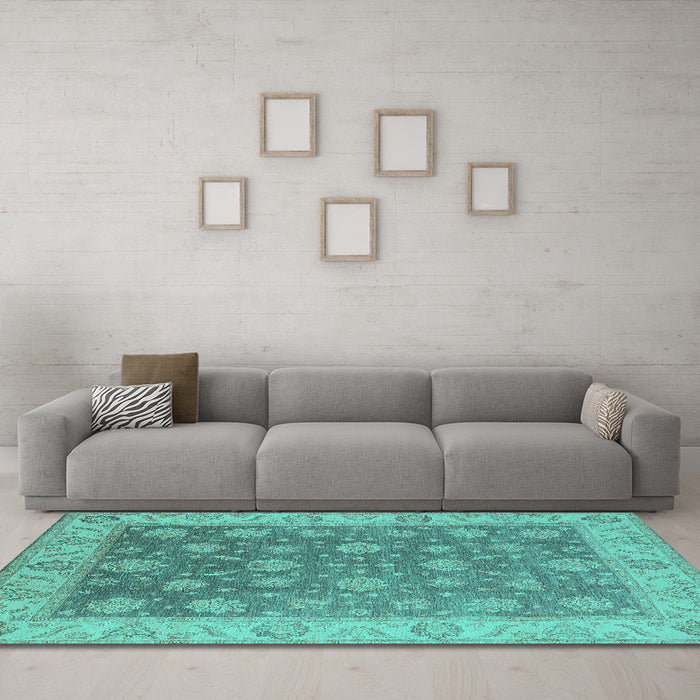 Machine Washable Oriental Turquoise Traditional Area Rugs in a Living Room,, wshurb765turq