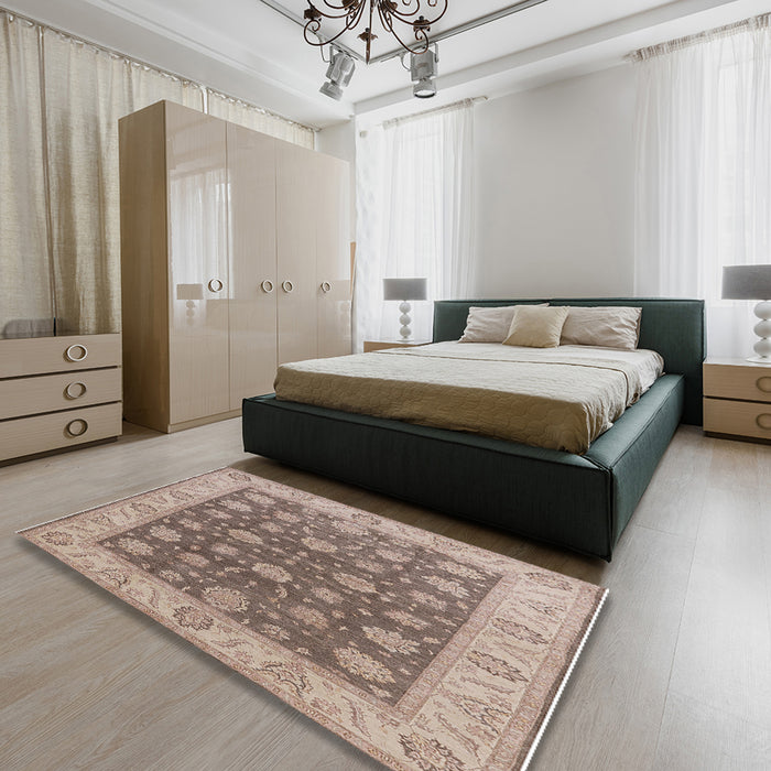 Mid-Century Modern Tan Brown Oriental Rug in a Bedroom, urb766