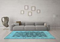 Machine Washable Oriental Light Blue Traditional Rug, wshurb766lblu