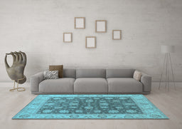 Machine Washable Oriental Light Blue Traditional Rug in a Living Room, wshurb766lblu