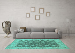 Machine Washable Oriental Turquoise Traditional Area Rugs in a Living Room,, wshurb766turq