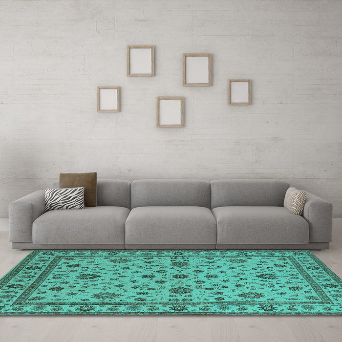 Machine Washable Oriental Turquoise Industrial Area Rugs in a Living Room,, wshurb767turq