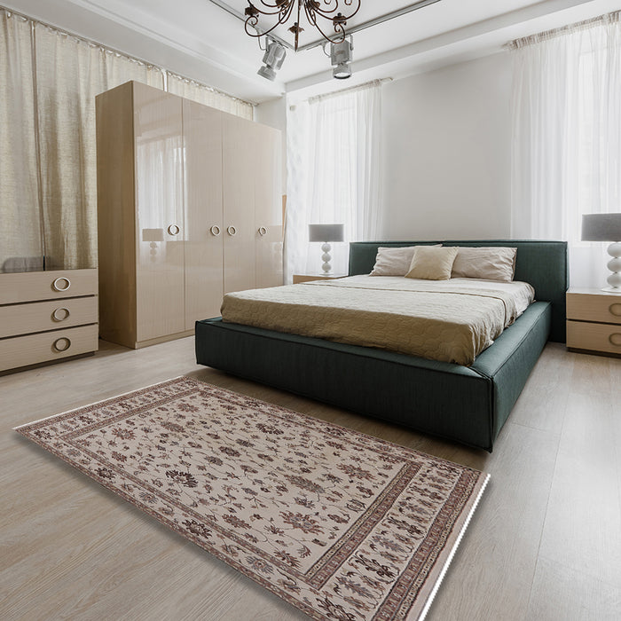 Mid-Century Modern Brown Oriental Rug in a Bedroom, urb767