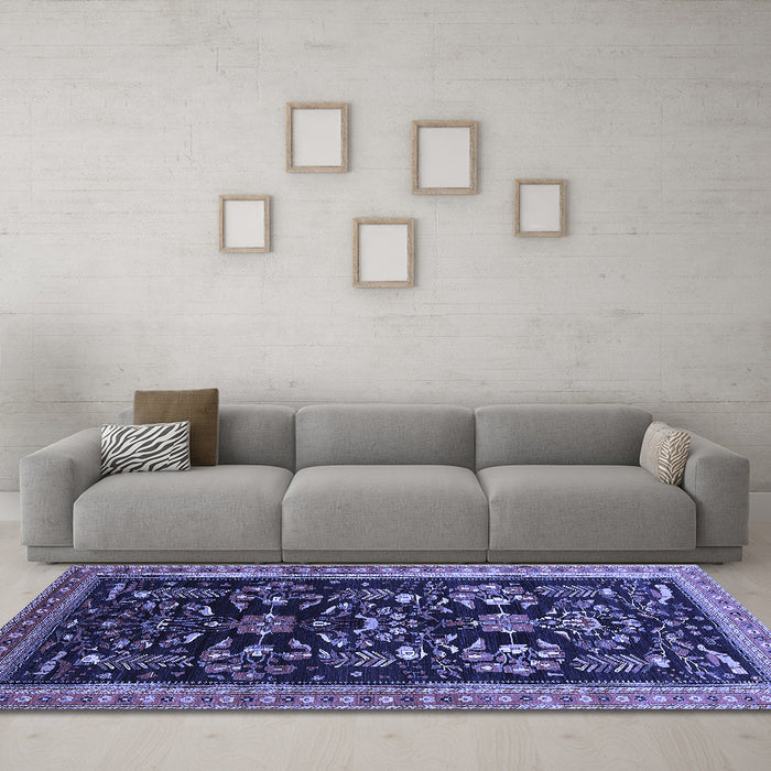 Machine Washable Oriental Blue Industrial Rug in a Living Room, wshurb769blu