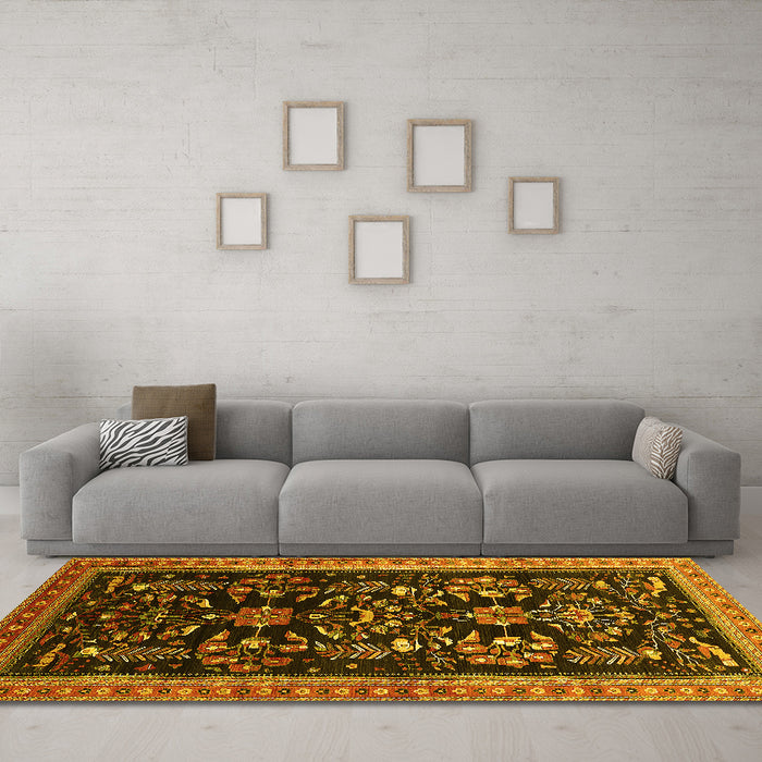 Machine Washable Oriental Yellow Industrial Rug in a Living Room, wshurb769yw