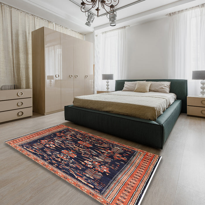 Mid-Century Modern Dark Almond Brown Oriental Rug in a Bedroom, urb769
