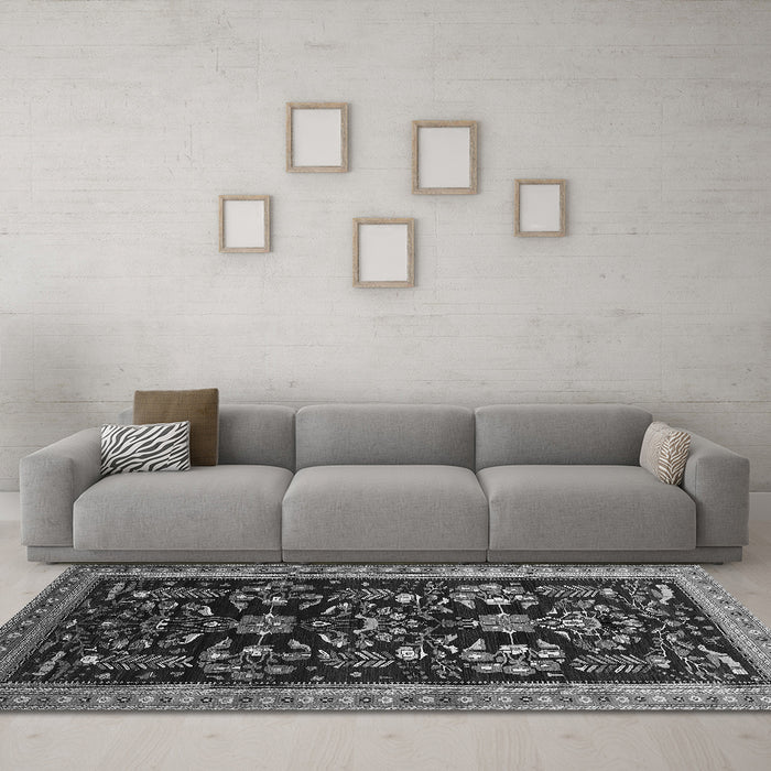 Machine Washable Oriental Gray Industrial Rug in a Living Room,, wshurb769gry