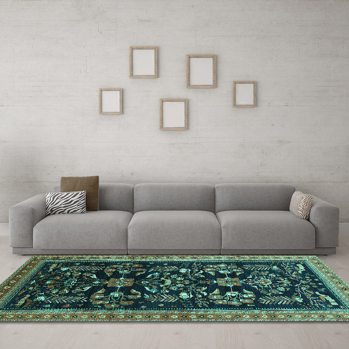 Machine Washable Oriental Turquoise Industrial Area Rugs in a Living Room,, wshurb769turq