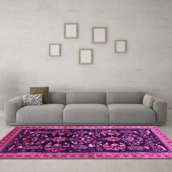 Machine Washable Oriental Pink Industrial Rug in a Living Room, wshurb769pnk