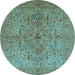 Round Machine Washable Oriental Light Blue Traditional Rug, wshurb771lblu