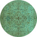 Round Machine Washable Oriental Turquoise Traditional Area Rugs, wshurb771turq