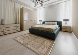 Mid-Century Modern Brown Oriental Rug in a Bedroom, urb772