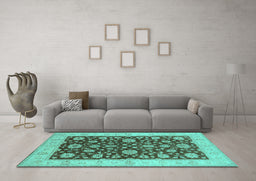 Machine Washable Oriental Turquoise Traditional Area Rugs in a Living Room,, wshurb773turq
