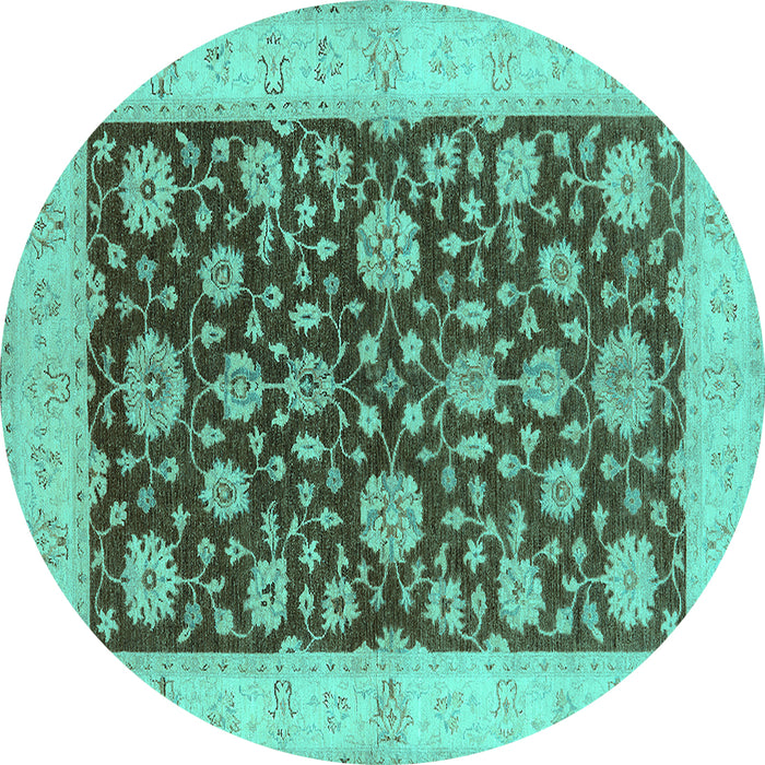 Round Machine Washable Oriental Turquoise Traditional Area Rugs, wshurb773turq
