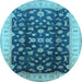 Round Machine Washable Oriental Light Blue Traditional Rug, wshurb774lblu