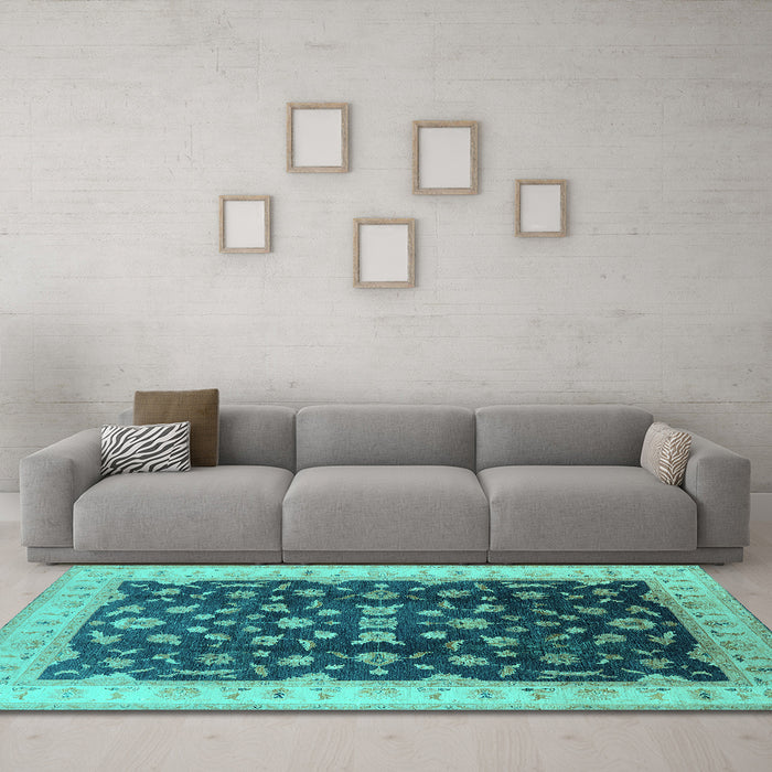 Machine Washable Oriental Turquoise Traditional Area Rugs in a Living Room,, wshurb774turq