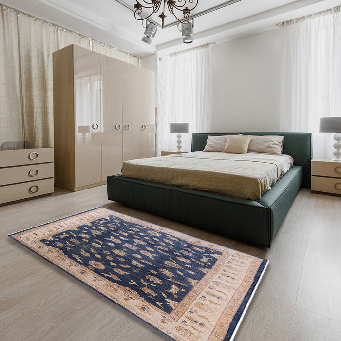 Mid-Century Modern Purple Navy Blue Oriental Rug in a Bedroom, urb774