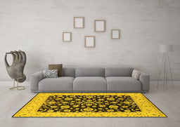 Machine Washable Oriental Yellow Traditional Rug in a Living Room, wshurb776yw