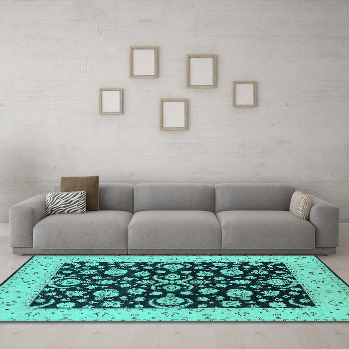 Machine Washable Oriental Turquoise Traditional Area Rugs in a Living Room,, wshurb776turq