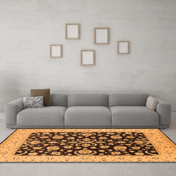 Machine Washable Oriental Orange Traditional Area Rugs in a Living Room, wshurb776org