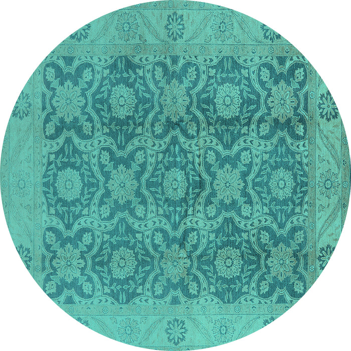 Round Machine Washable Oriental Turquoise Traditional Area Rugs, wshurb779turq