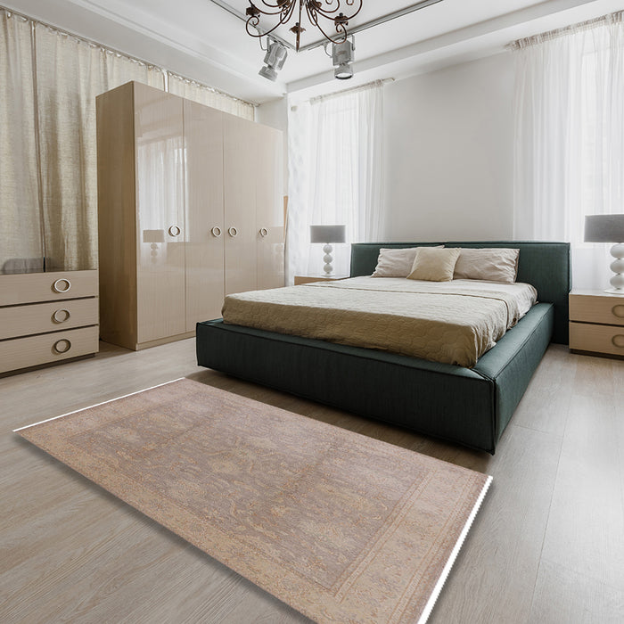 Mid-Century Modern Light French Beige Brown Oriental Rug in a Bedroom, urb782