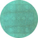 Round Machine Washable Oriental Turquoise Industrial Area Rugs, wshurb782turq