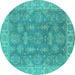 Round Machine Washable Oriental Turquoise Traditional Area Rugs, wshurb784turq