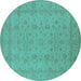 Round Machine Washable Oriental Turquoise Traditional Area Rugs, wshurb785turq