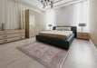 Mid-Century Modern Khaki Rose Pink Oriental Rug in a Bedroom, urb790