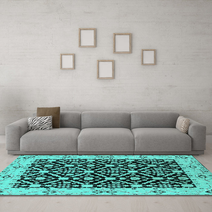 Machine Washable Oriental Turquoise Traditional Area Rugs in a Living Room,, wshurb791turq