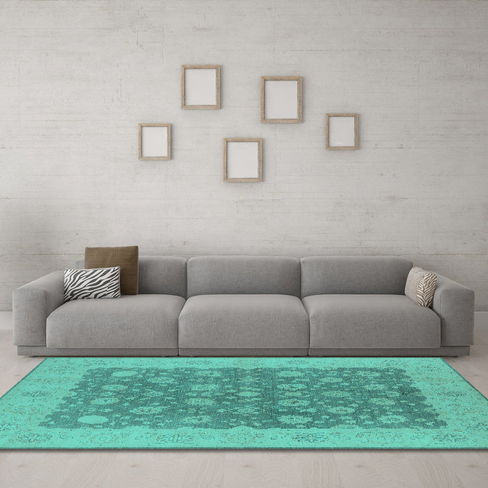 Machine Washable Oriental Turquoise Traditional Area Rugs in a Living Room,, wshurb792turq