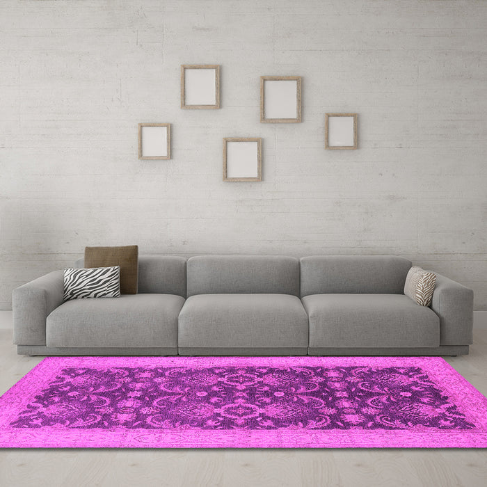 Machine Washable Oriental Pink Traditional Rug in a Living Room, wshurb793pnk