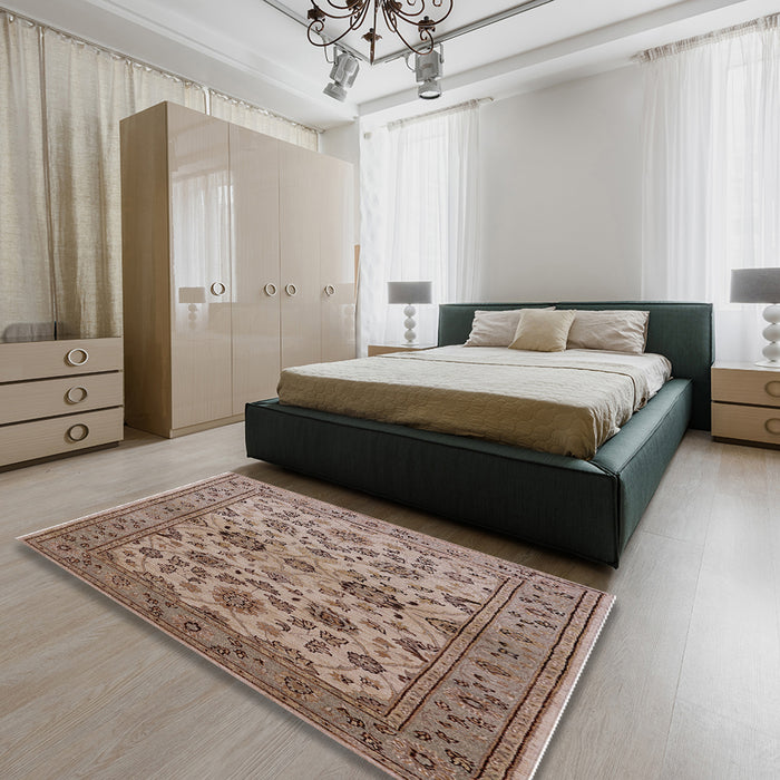 Mid-Century Modern Chestnut Brown Oriental Rug in a Bedroom, urb794