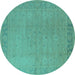 Round Machine Washable Oriental Turquoise Traditional Area Rugs, wshurb796turq