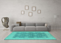 Machine Washable Oriental Turquoise Traditional Area Rugs in a Living Room,, wshurb797turq