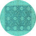 Round Machine Washable Oriental Turquoise Traditional Area Rugs, wshurb797turq