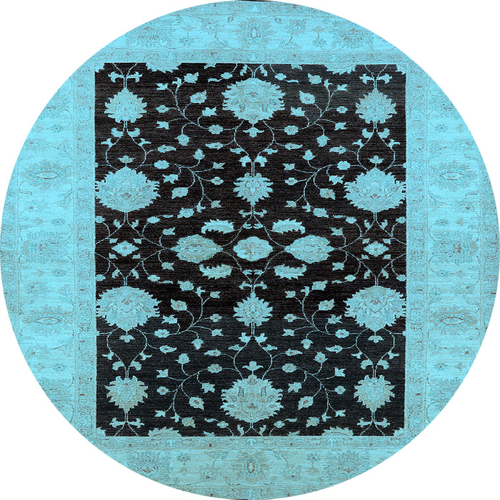Round Machine Washable Oriental Light Blue Traditional Rug, wshurb799lblu