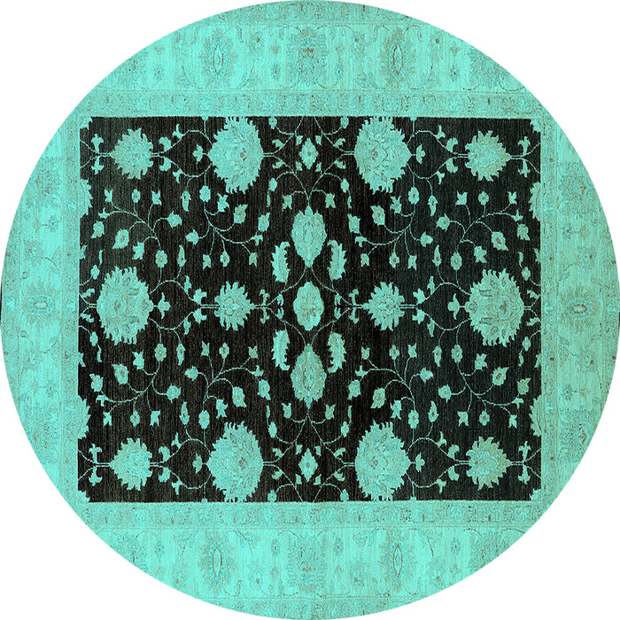 Round Machine Washable Oriental Turquoise Traditional Area Rugs, wshurb799turq