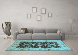 Machine Washable Oriental Light Blue Traditional Rug in a Living Room, wshurb802lblu