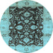 Round Machine Washable Oriental Light Blue Traditional Rug, wshurb802lblu