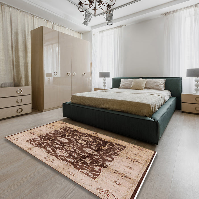 Mid-Century Modern Pastel Orange Oriental Rug in a Bedroom, urb802