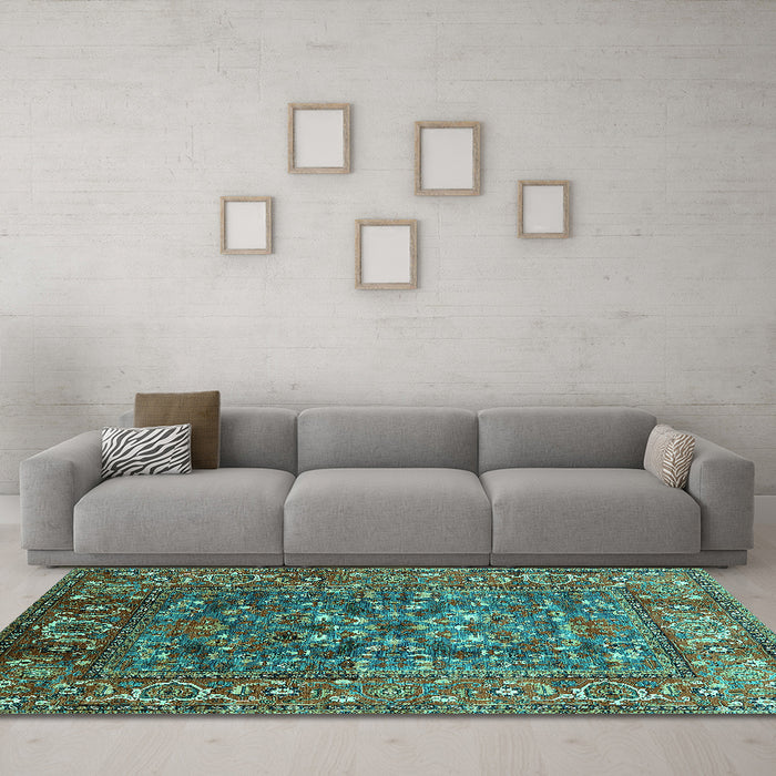 Machine Washable Oriental Turquoise Industrial Area Rugs in a Living Room,, wshurb806turq