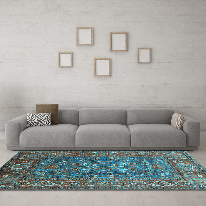 Machine Washable Oriental Light Blue Industrial Rug in a Living Room, wshurb806lblu