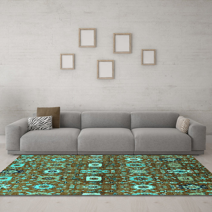 Machine Washable Oriental Turquoise Industrial Area Rugs in a Living Room,, wshurb807turq