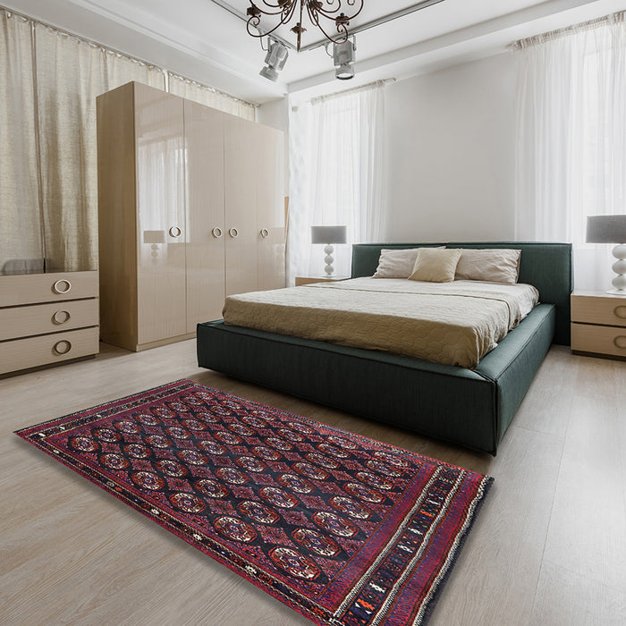 Mid-Century Modern Deep Red Oriental Rug in a Bedroom, urb808